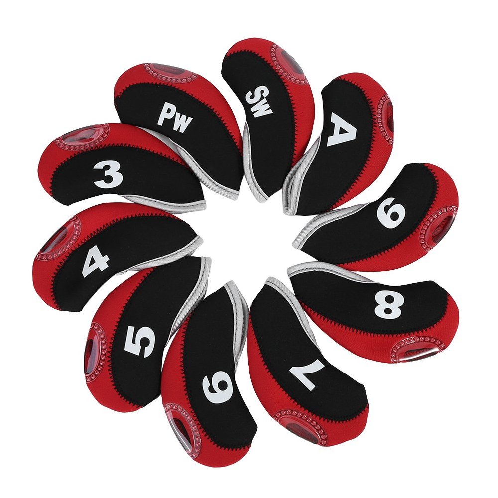 10pcs/Set Iron Covers with Zipper Number Print Putter Set Protector Case Iron Covers 3 Colors(Black and Red with Number)