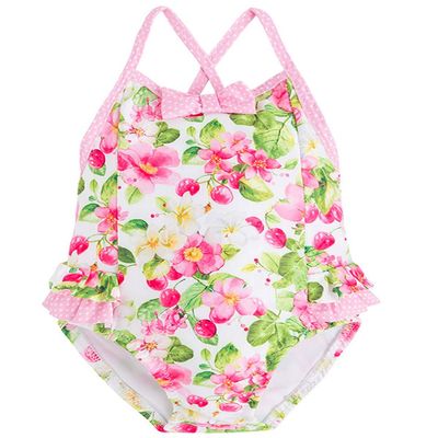 Baby Girls 3M-24M Rose-Pink Floral-n-Dot Print One-Piece Swimsuit (3 Months, Rose Pink)