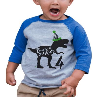 7 ate 9 Apparel Kid's Four 4 Fourth 4th Dinosaur Birthday Dino Blue Raglan Tee 3T