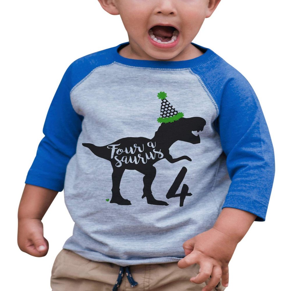 7 ate 9 Apparel Kid's Four 4 Fourth 4th Dinosaur Birthday Dino Blue Raglan Tee 3T