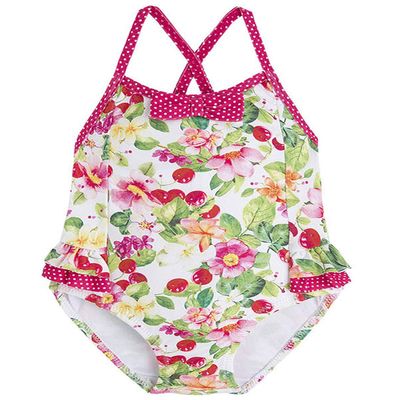Baby Girls 3M-24M Watermelon-Red Floral-n-Dot Print One-Piece Swimsuit (9 Months, Watermelon)