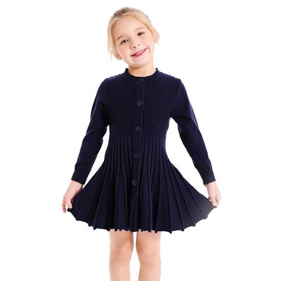 SMILING PINKER Little Girls Pleated Dress School Uniform Long Sleeve Button Front Knit Sweater Dress (Navy Blue, 4-5T)