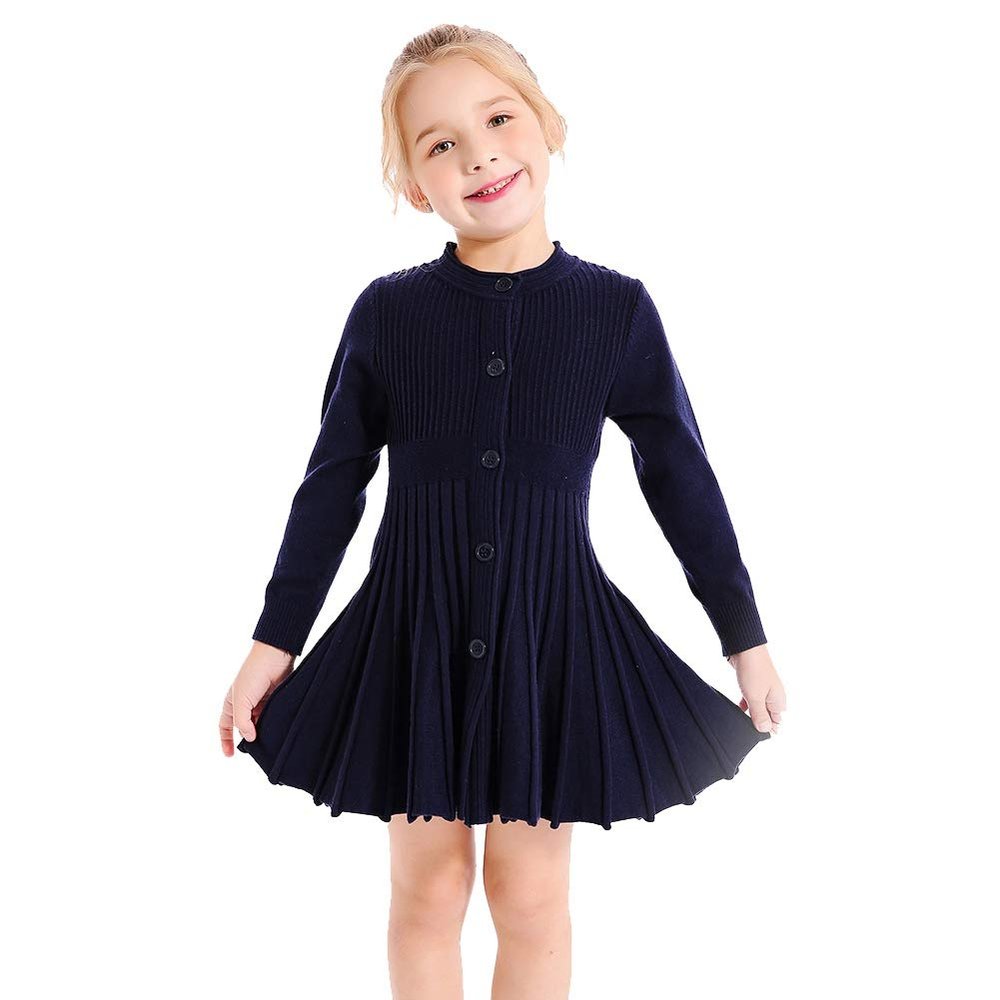 SMILING PINKER Little Girls Pleated Dress School Uniform Long Sleeve Button Front Knit Sweater Dress (Navy Blue, 4-5T)