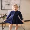 SMILING PINKER Little Girls Pleated Dress School Uniform Long Sleeve Button Front Knit Sweater Dress (Navy Blue, 4-5T) view 3