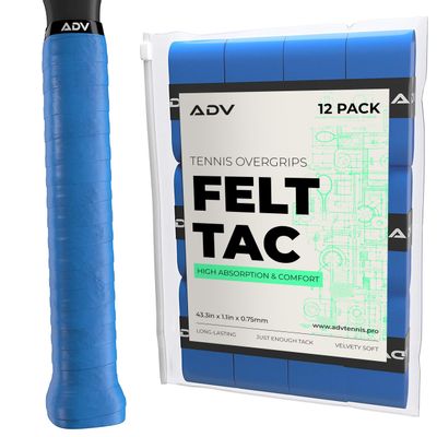 ADV Dry Tennis Overgrip Tape - 3, 12, 30, 60 Pack - FeltTac Tennis Racket Grip Tape - Ultra Absorbent Tennis Grip Tape - Comfort Tennis Racket Grips - Tennis Grips Overgrip (12-Pack Blue)