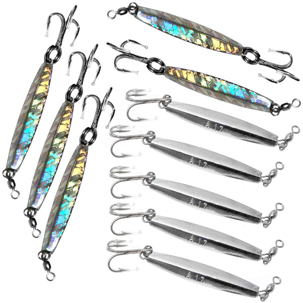 10pcs 2oz Diamond Jig Chrome jigs + Mylar Holographic Laser jigs with a Treble Hook - Fish WOW!