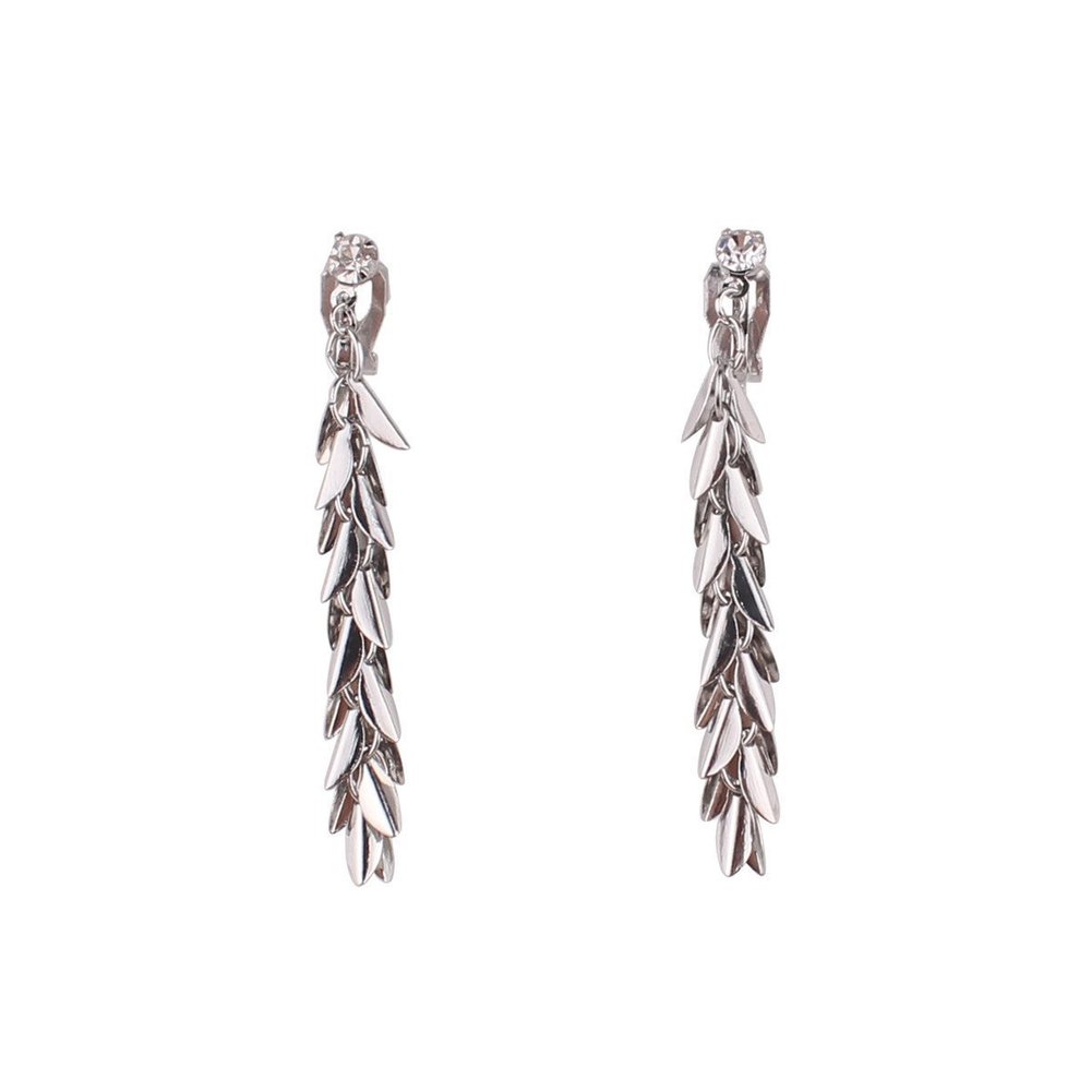 Grace Jun Silver Plated Rhinestone Multi-layer Leaves Drop Clip on Earrings No Pierced for Women (486 silver clip on)