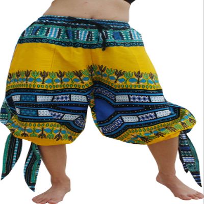RaanPahMuang Capri Buccaneer Tied Leg Pirate Pants in Swashbuckling Dashiki Art, Large, Buff Yellow