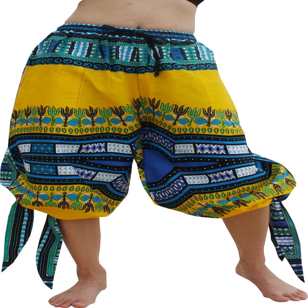 RaanPahMuang Capri Buccaneer Tied Leg Pirate Pants in Swashbuckling Dashiki Art, Large, Buff Yellow