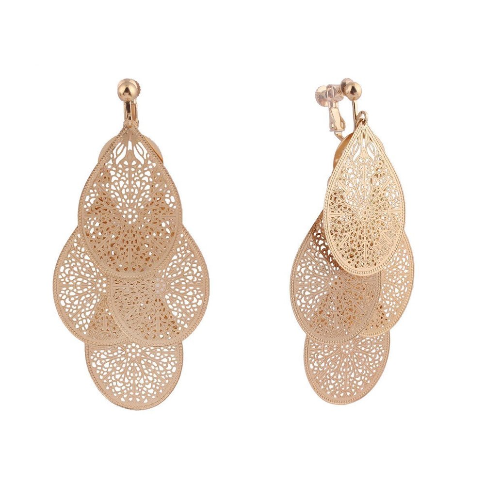 Grace Jun Handmade Multi-layer Clover Water Drop Shape Clip on Earrings No Pierced for Women (Gold clip on)
