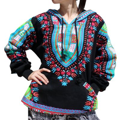 RaanPahMuang Winter Fleece Lined Hoody Long Sleeve Jumper Jacket Africa Dashiki, XX-Large, Black SkyBlue
