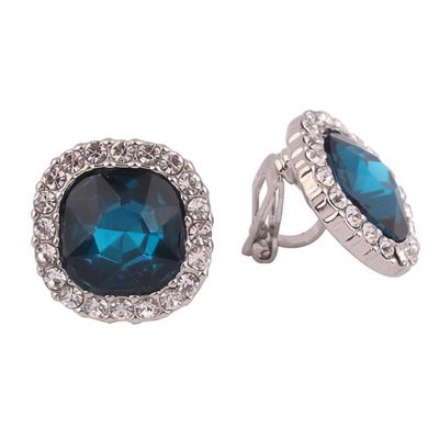 Grace Jun Luxury Bridal Rhinestone Crystal Square Shape Clip on Earrings Non Piercing for Women Ear Clip (Silver blue clip on)