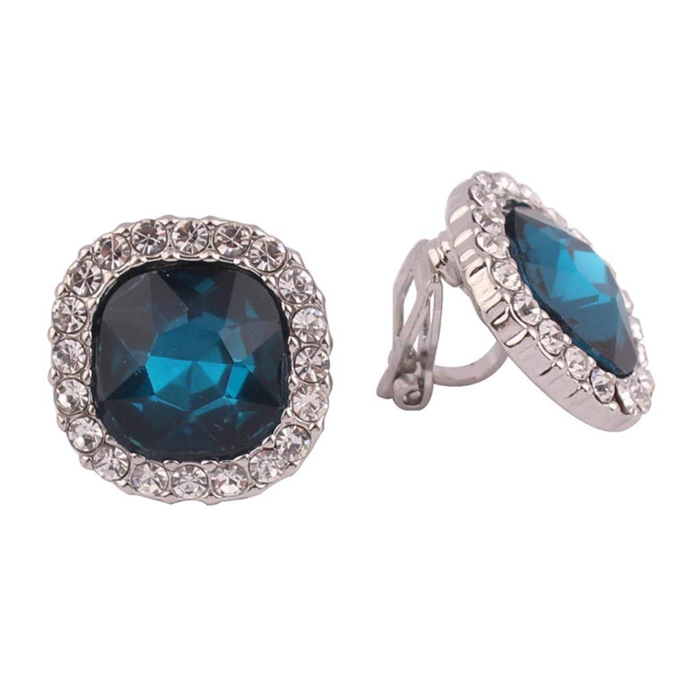 Grace Jun Luxury Bridal Rhinestone Crystal Square Shape Clip on Earrings Non Piercing for Women Ear Clip (Silver blue clip on)
