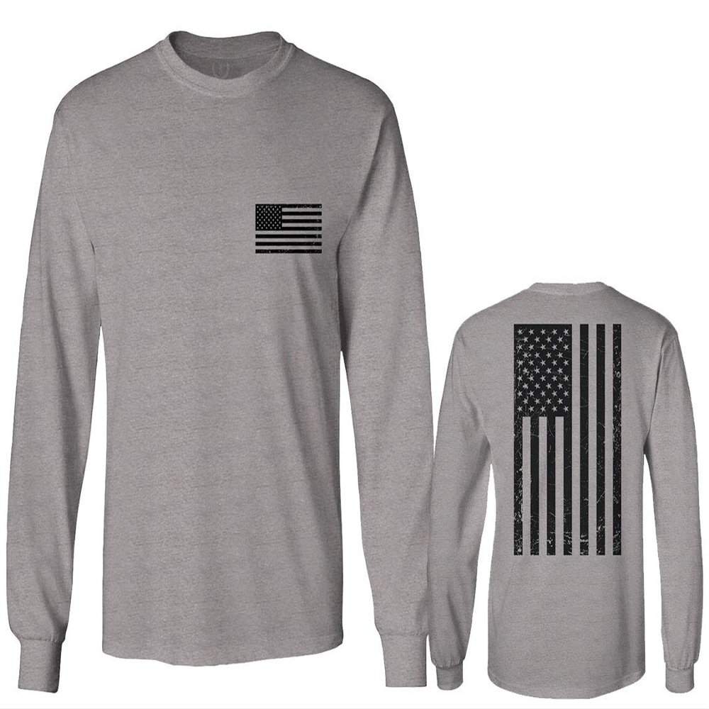 0021. Vintage American Flag United States of America Military us USA Patriotic Style Men's Long Sleeve t Shirt (Light Gray Small)
