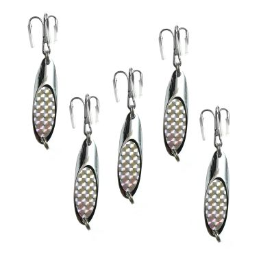 5pcs Fish WOW! Silver 1-1/2oz Fishing Kast Spoon with a Treble Hook 1.5oz Fish Chrome Jig Bait Lures Holographic Laser Silver Tape Kast Master Style Champ Spoons