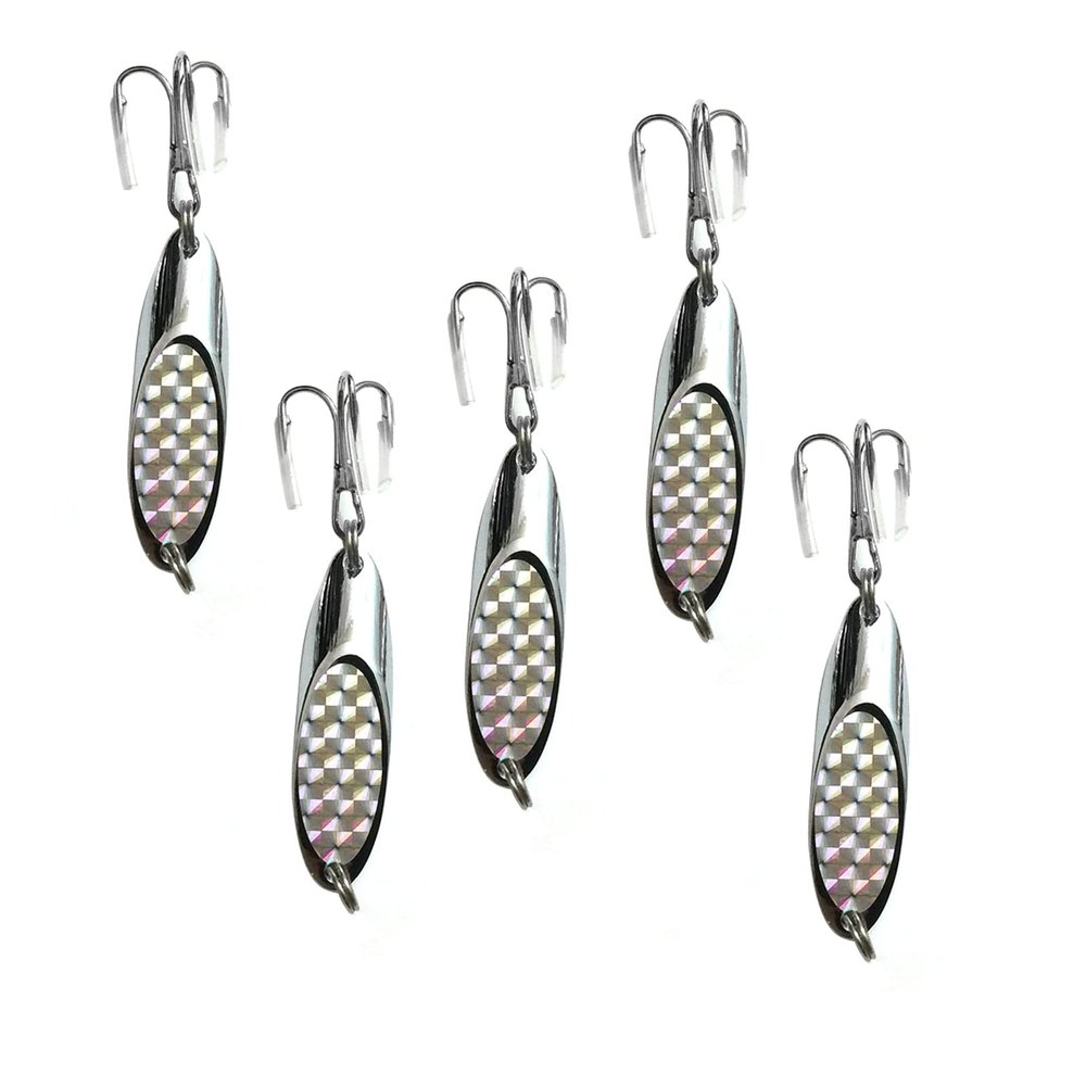 5pcs Fish WOW! Silver 1-1/2oz Fishing Kast Spoon with a Treble Hook 1.5oz Fish Chrome Jig Bait Lures Holographic Laser Silver Tape Kast Master Style Champ Spoons