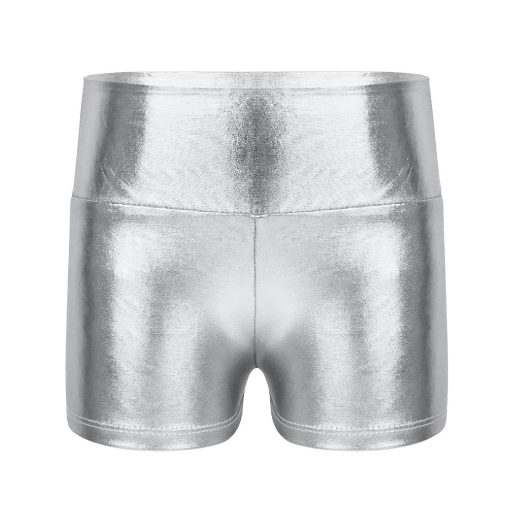 iiniim Girls Metallic High Waist Boy Cut Gymnastic Dance Shorts Cheer Dancing Booty Shorts for Sports or Performance Silver 10