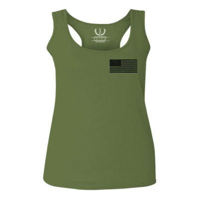 0021. Vintage American Flag United States of America Military us USA Patriotic Style Women's Tank Top Racerback (Olive, Medium)