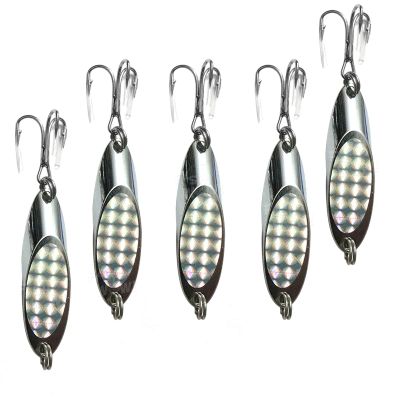 5pcs Fish WOW! 2oz Fishing Kast Spoon with a Treble Hook Fish Chrome Jig Bait Lures Holographic Laser Silver Tape Kast Master Style Champ Spoons