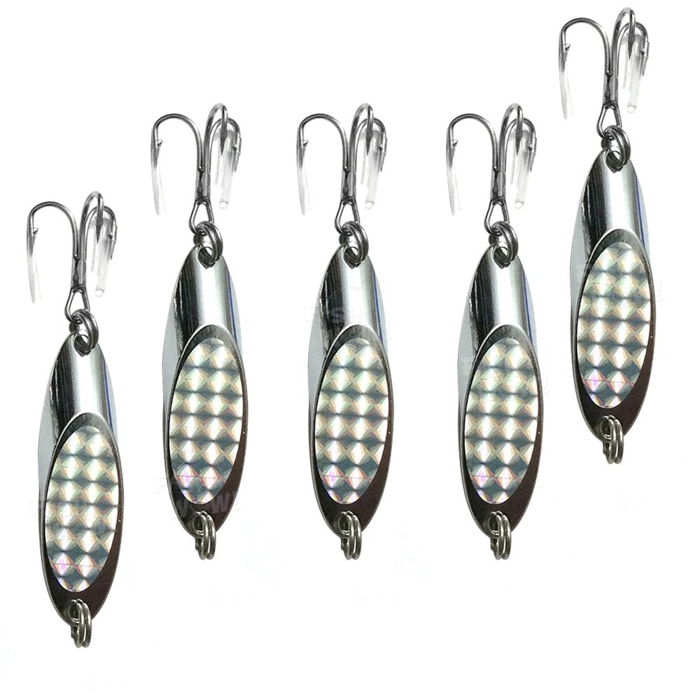 5pcs Fish WOW! 2oz Fishing Kast Spoon with a Treble Hook Fish Chrome Jig Bait Lures Holographic Laser Silver Tape Kast Master Style Champ Spoons