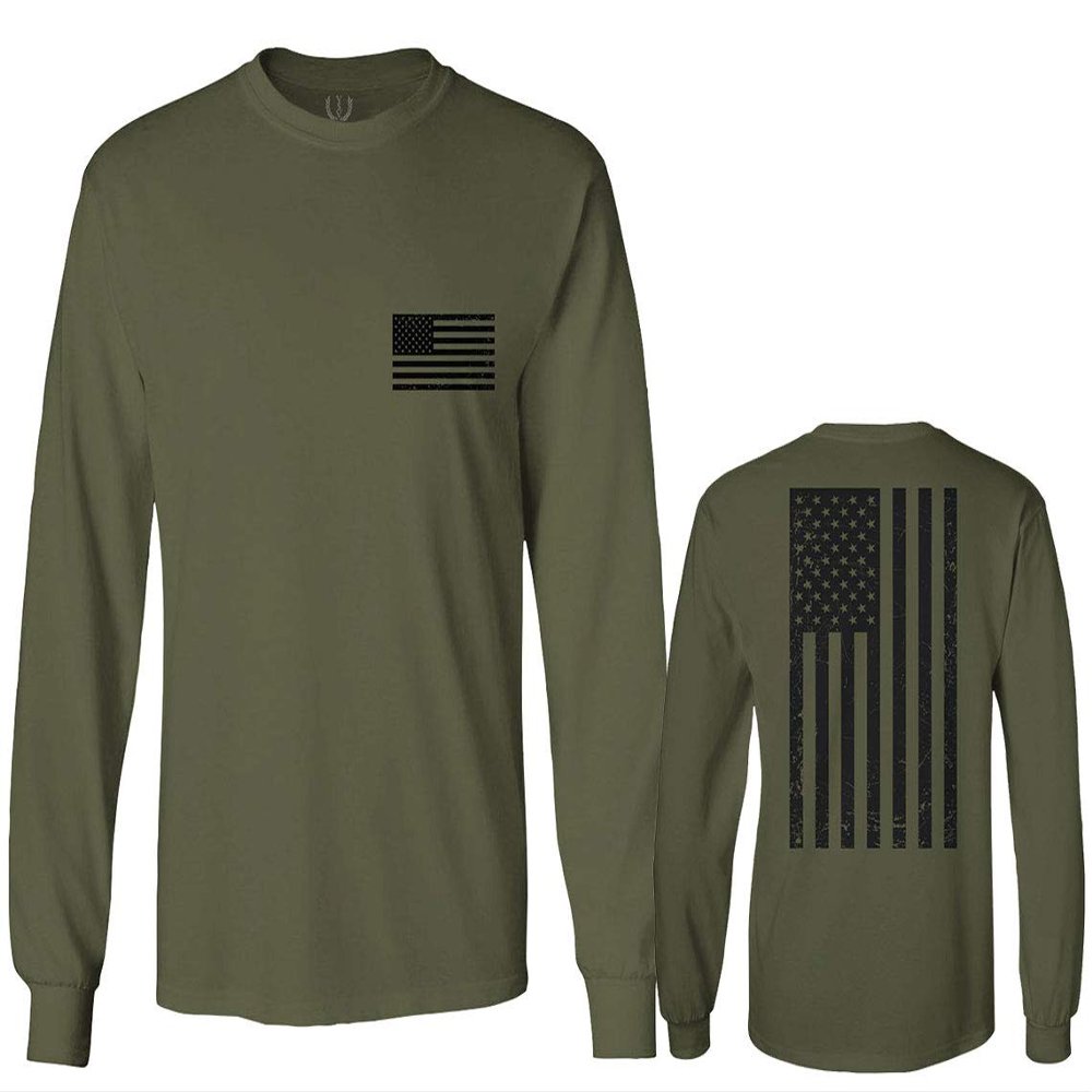 0021. Vintage American Flag United States of America Military us USA Patriotic Style Men's Long Sleeve t Shirt (Olive, Small)