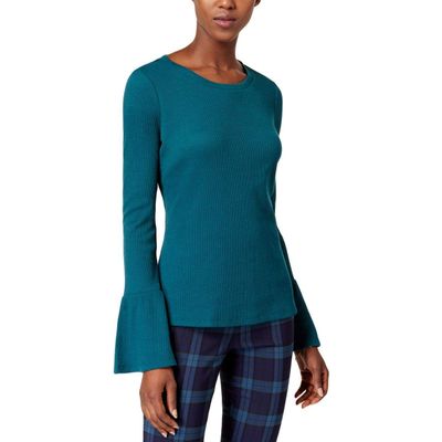 Maison Jules Womens Bell-Sleeves Thermal Knit T-Shirt Blue S