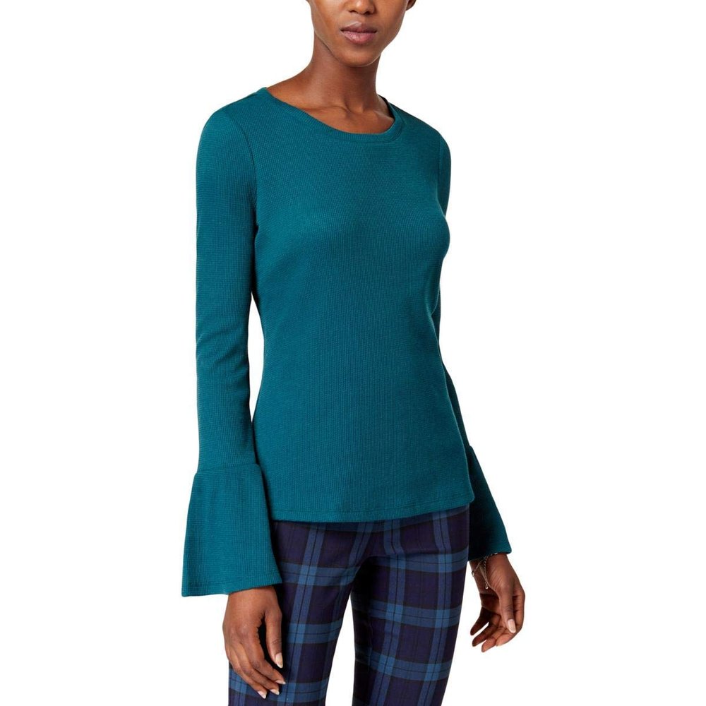 Maison Jules Womens Bell-Sleeves Thermal Knit T-Shirt Blue S
