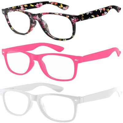 3 Pack Kids Clear Lens Glasses Flowers Black Baby Pink White