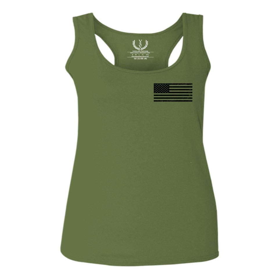 0021. Vintage American Flag United States of America Military us USA Patriotic Style Women's Tank Top Racerback (Olive, Large)