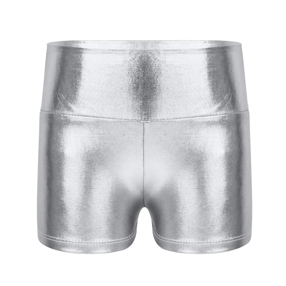 FEESHOW Girls Metallic Gymnastics Dance Shorts Shiny Booty Shorts Underwear Bottoms for Sports Cheer Performance Silver 10