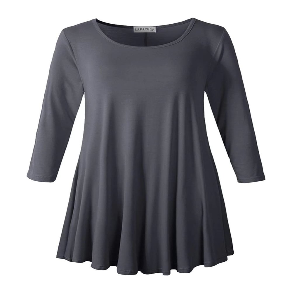 LARACE 3/4 Sleeve Shirts for Women Plus Size Tunic Dressy Top Loose Fit Flare T-Shirt (4X, Deep Gray)