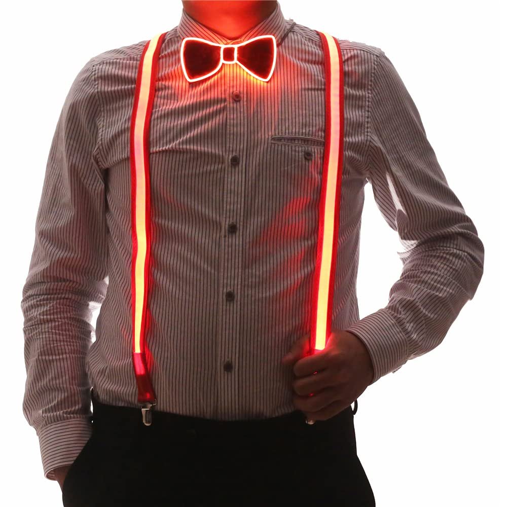2 Pcs/Set, Light Up Men's LED Suspenders And Bow Tie, Perfect for Music Festival Halloween Costume Party (Red)