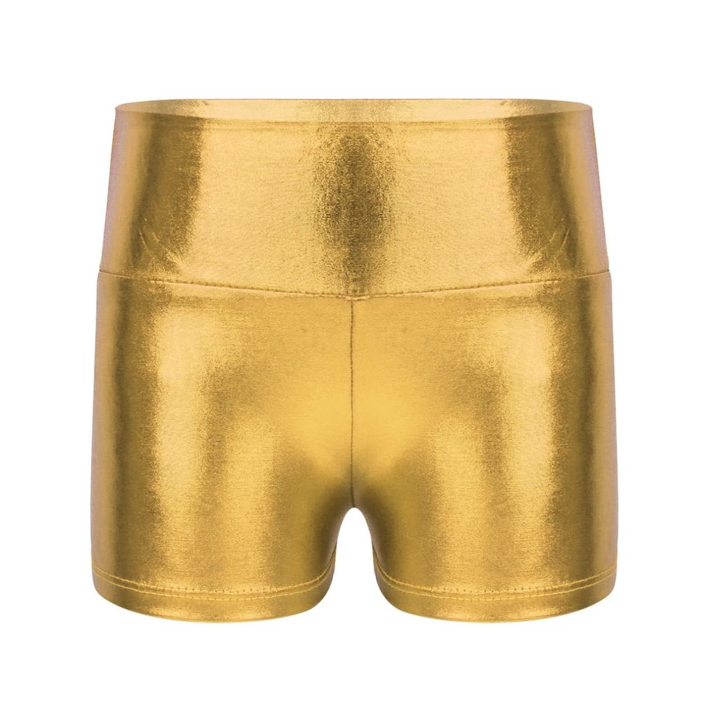 TiaoBug Girls Metallic Wet Look Dance Shorts Sparkle Glitter Tumbling Bottoms Sports Cheer Yoga Gymnastics Athletic Shorts High Waist Gold 8