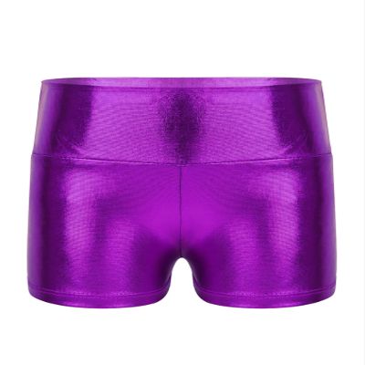 TiaoBug Girls Metallic Wet Look Dance Shorts Sparkle Glitter Tumbling Bottoms Sports Cheer Yoga Gymnastics Athletic Shorts High Waist Purple 8