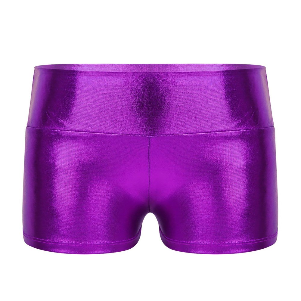TiaoBug Girls Metallic Wet Look Dance Shorts Sparkle Glitter Tumbling Bottoms Sports Cheer Yoga Gymnastics Athletic Shorts High Waist Purple 8