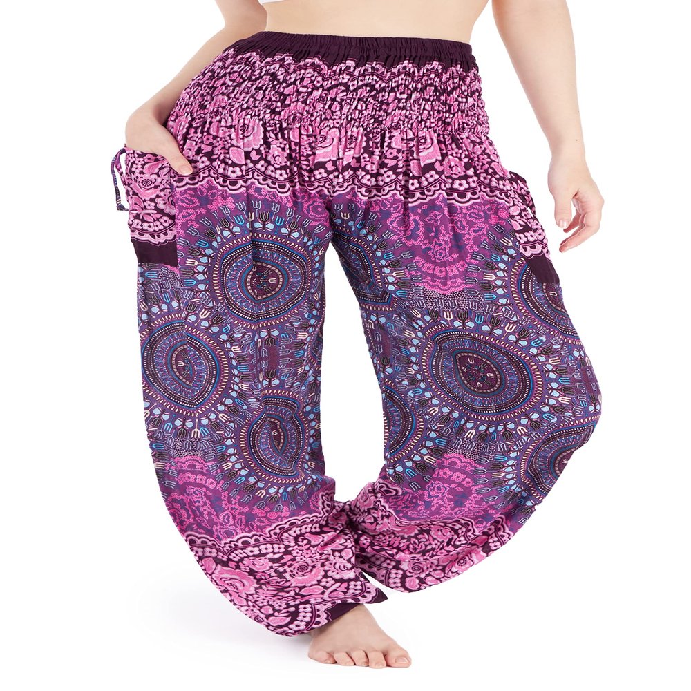 Lannaclothesdesign Harem Pants Women High Waist Bohemian Yoga Pants with Pockets - Boho Hippie Clothes (S, Purple)