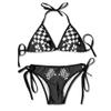 Checkered Flags Race Car Flag Women's Sexy Triangle Mesh Bikini Set Bathing Suit Beach Swimsuits Custom Pad Bra Swimwear Black view 1