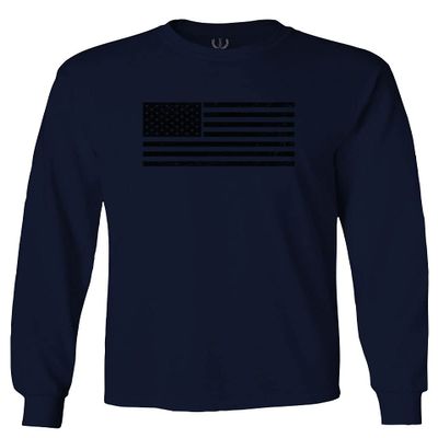 0023. United States of America Vintage American Flag USA us Military Patriotic Style Men's Long Sleeve t Shirt (Navy Blue, Small)