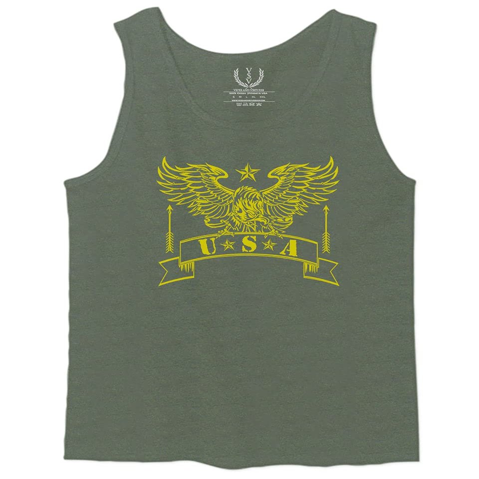 0027. USA Military Eagle American Proud United States of America US Patriotic Style Men's Fitted Tank Top (Olive, X-Large)