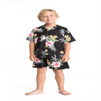Boy Hawaiian Aloha Shirt in Hibiscus Black Size 14