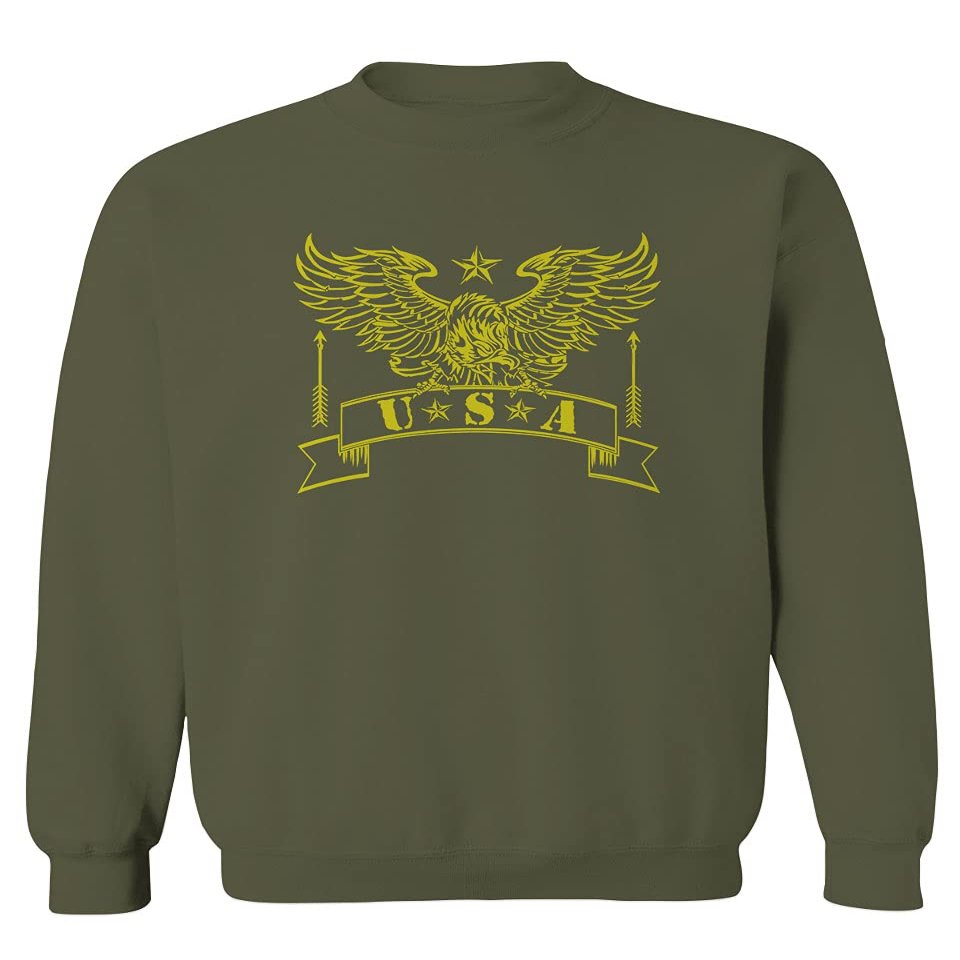 0027. USA Military Eagle American Proud United States of America US Patriotic Style Men's Crewneck Sweatshirt (Olive, Small)
