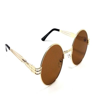 XL Oversized Round Classic Luxury Steampunk Sunglasses (Gold Metallic Frame, Brown)