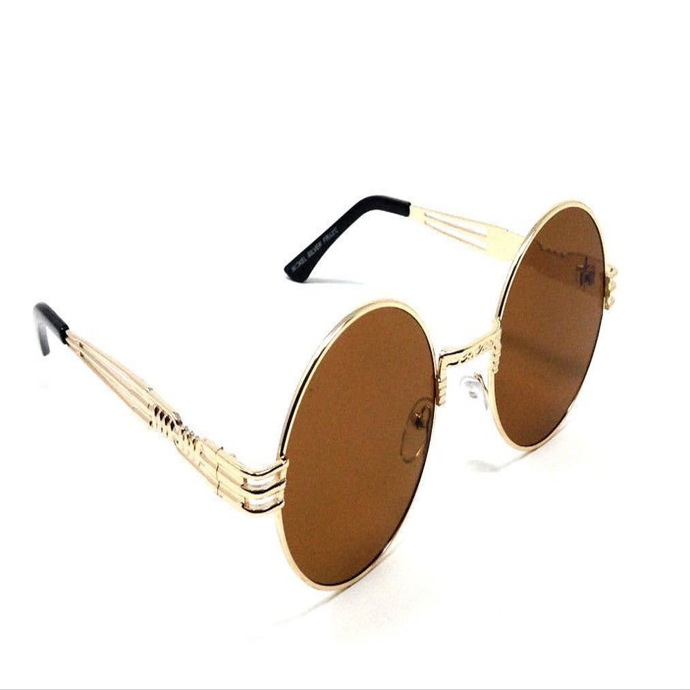 XL Oversized Round Classic Luxury Steampunk Sunglasses (Gold Metallic Frame, Brown)