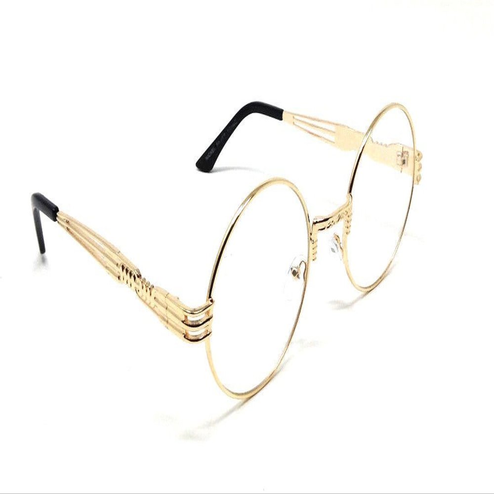 XL Oversized Round Classic Luxury Steampunk Sunglasses (Gold Metallic Frame, Clear)