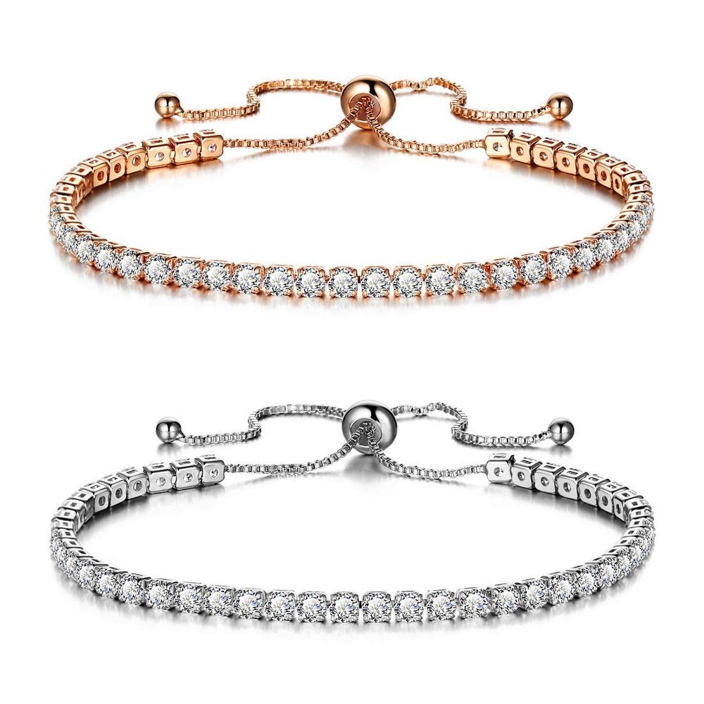Olsen Twins Adjustable Slider Chain Cubic Zirconia Tennis Bracelet Bangle Set (White)