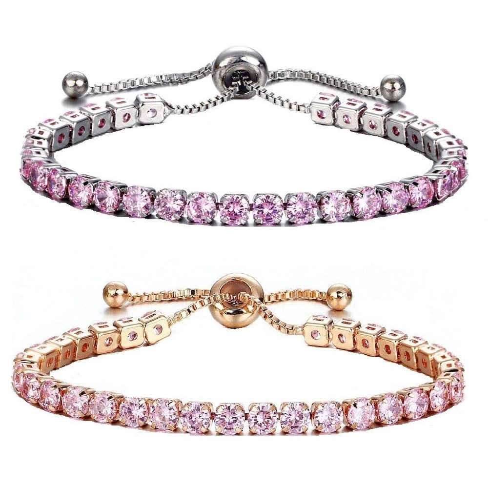 Olsen Twins Adjustable Slider Chain Cubic Zirconia Tennis Bracelet Bangle Set (Pink)