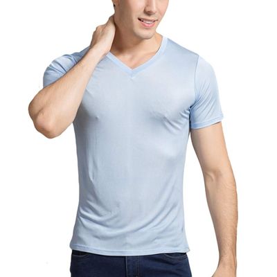 LingDooo Mens Silk T Shirt Soft Undershirt Summer Comfort Breathable Tee Workout Top Casual Sleep Wear No Shrink,Great Gift (M(Tag XL), V-Light Blue)