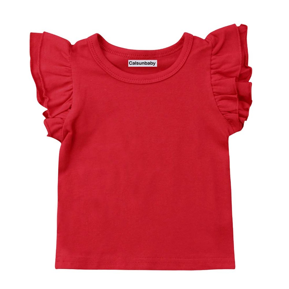Infant Toddler Baby Girl Top Basic Plain Ruffle T-Shirt Blouse Casual Clothes (0-6 Months, Red)