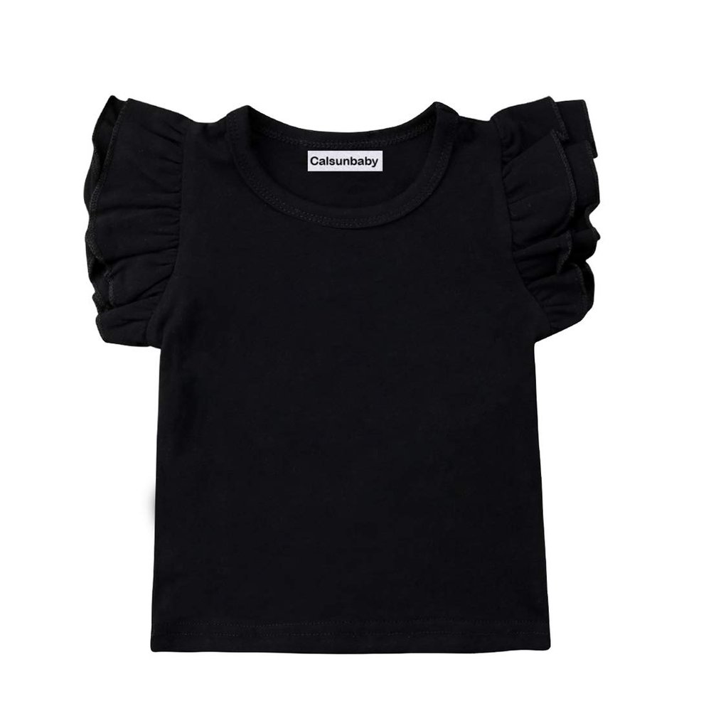 Infant Toddler Baby Girl Top Basic Plain Ruffle T-Shirt Blouse Casual Clothes (0-6 Months, Black)