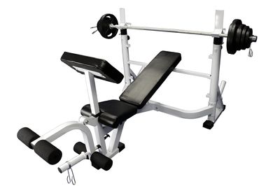 Ader Olympic Universal White Bench w/Bar & 255lbs Gray Easy Grip Olympic Plates Set